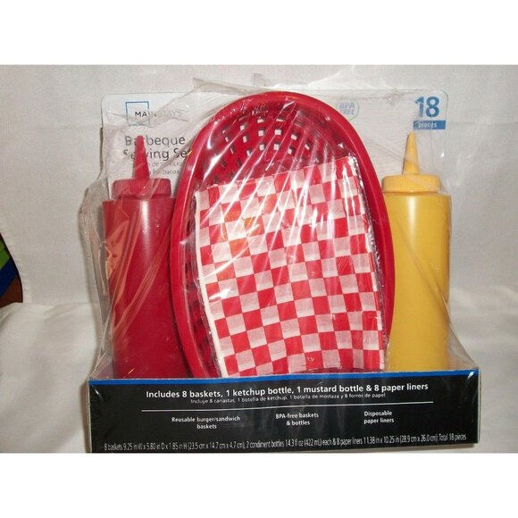 Barbeque Serving Set 8 Red Baskets Ketchup Mustard Bottle Paper Liners BBQ Fish - Picture 1 of 4